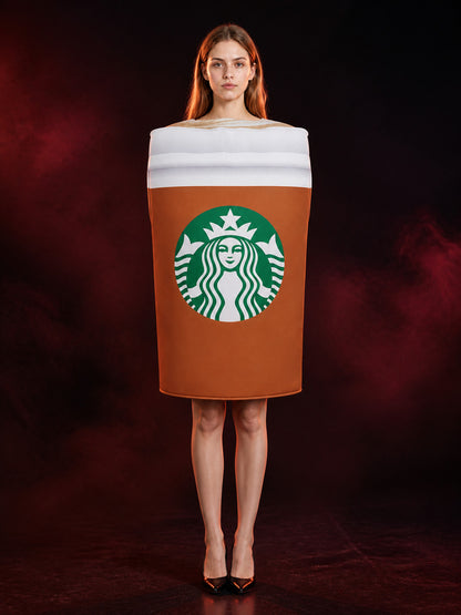 Funny Coffee Cup Drink Costume Jumpsuit, Brown, White & Green Cosplay Outfit