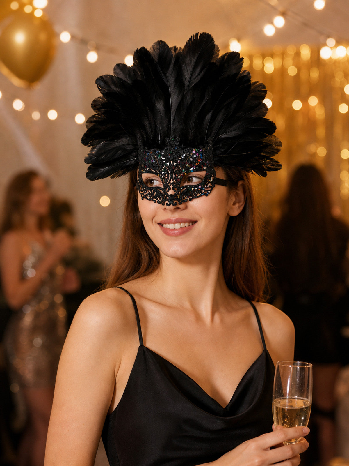 Black feather mask with glitter and filigree detailing worn by a woman at a decorated party