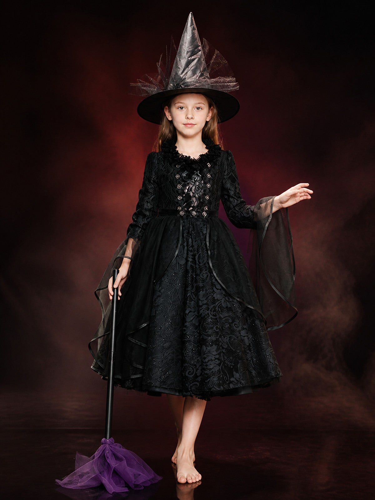 Black Gothic Witch Costume Set with Dress and Hat, Mesh Trim, Halloween Outfit