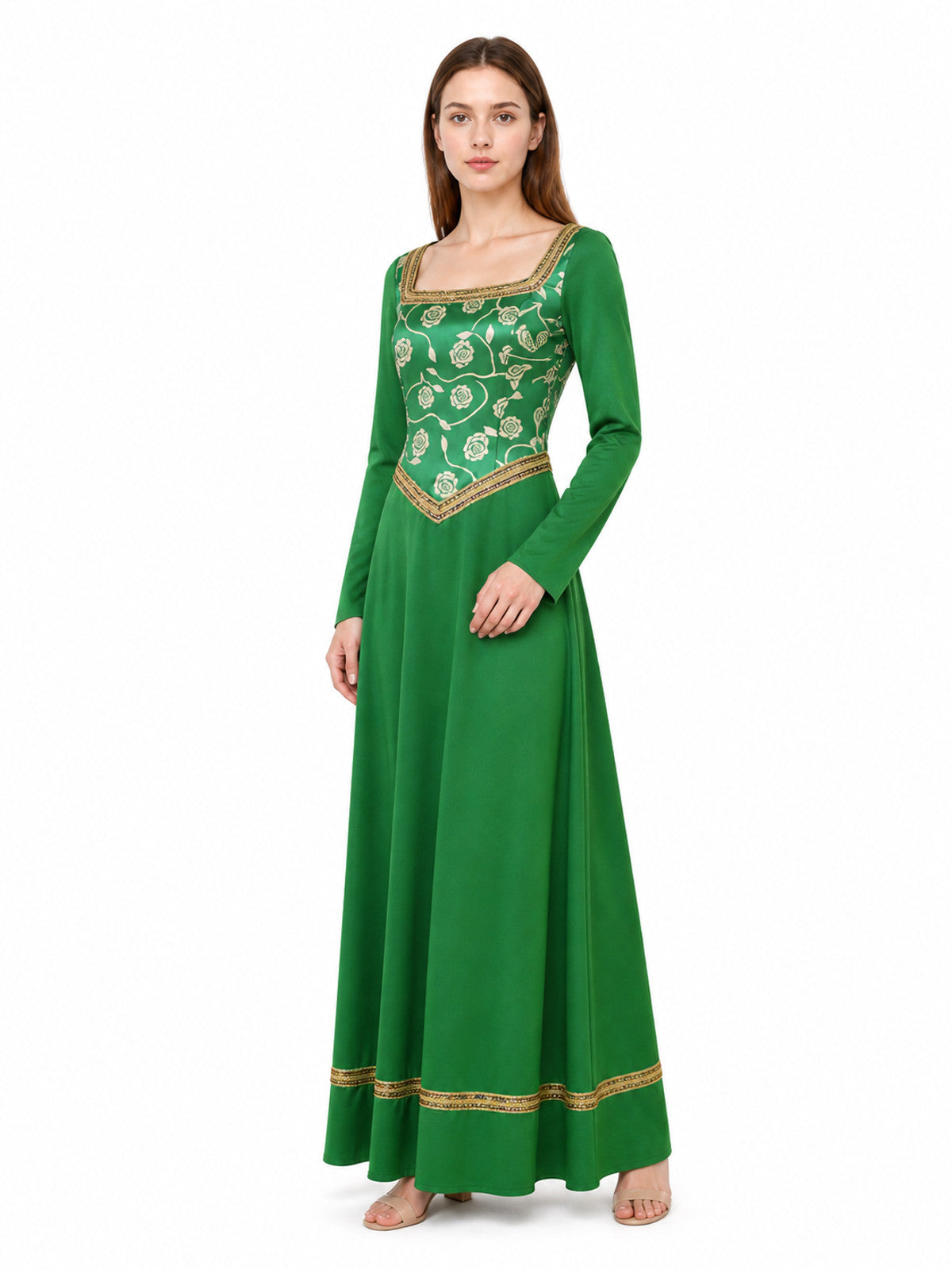 Green Dress with Gold Trim and Floral Pattern