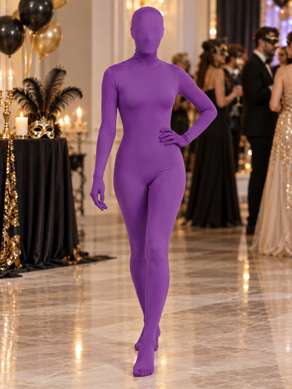 Purple form-fitting jumpsuit costume