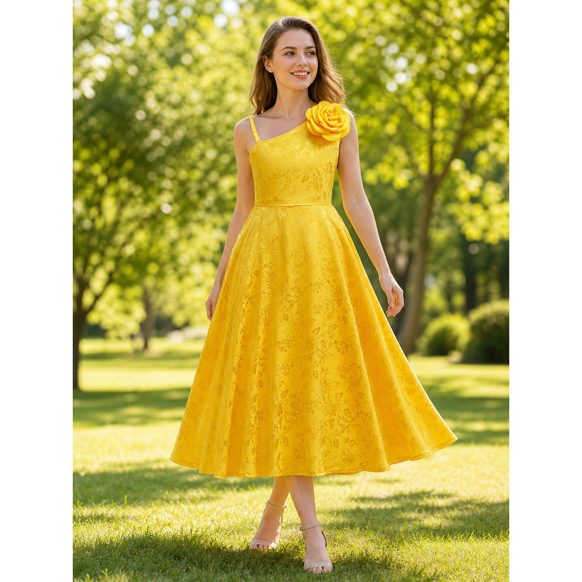 Evening Dress with Floral Print and a Rose on the Shoulder lifestyle view
