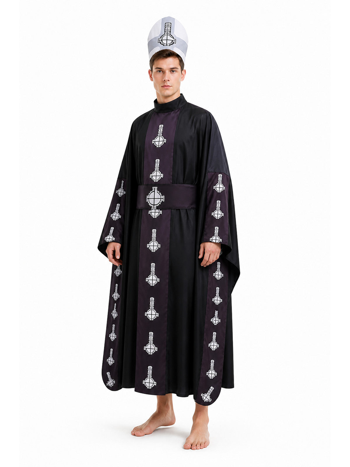 Hooded Cloak with Belt, Black with White Pattern Costume Capes detail
