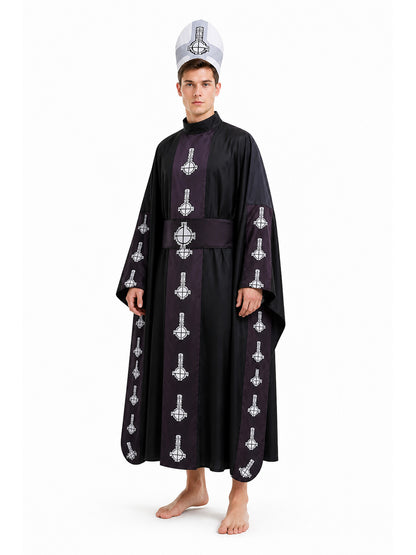 Hooded Cloak with Belt, Black with White Pattern Costume Capes detail