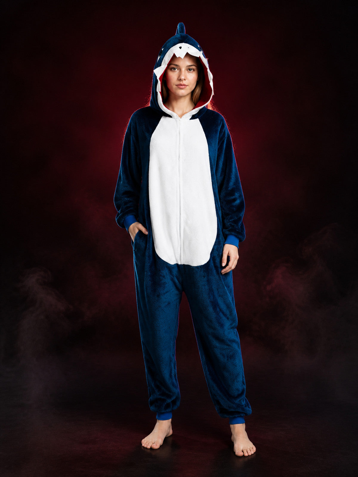 Navy Blue Shark Hooded Jumpsuit Costume, Long-Sleeve One-Piece Animal Outfit main product view