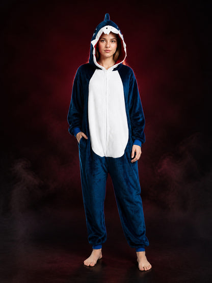 Navy Blue Shark Hooded Jumpsuit Costume, Long-Sleeve One-Piece Animal Outfit main product view