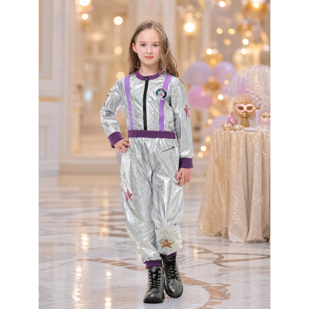 Silver Astronaut Costume with Purple Detailing