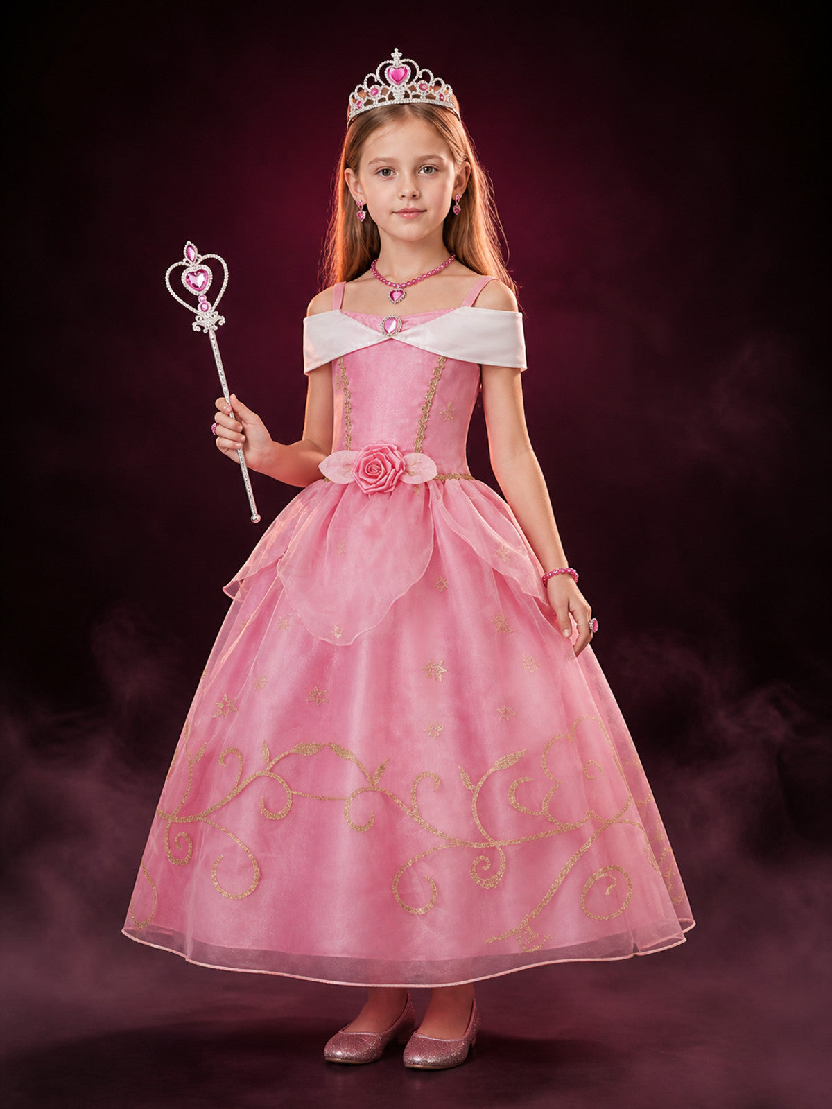 Girls Pink Princess Dress Costume Set with Crown, Wand & Jewelry for Halloween