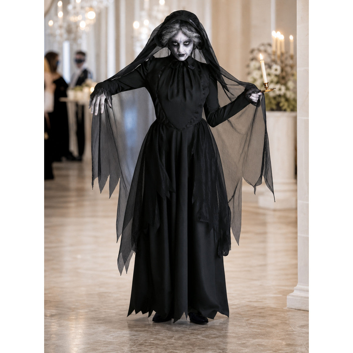 Gothic Hooded Dress with Torn Draped Panels