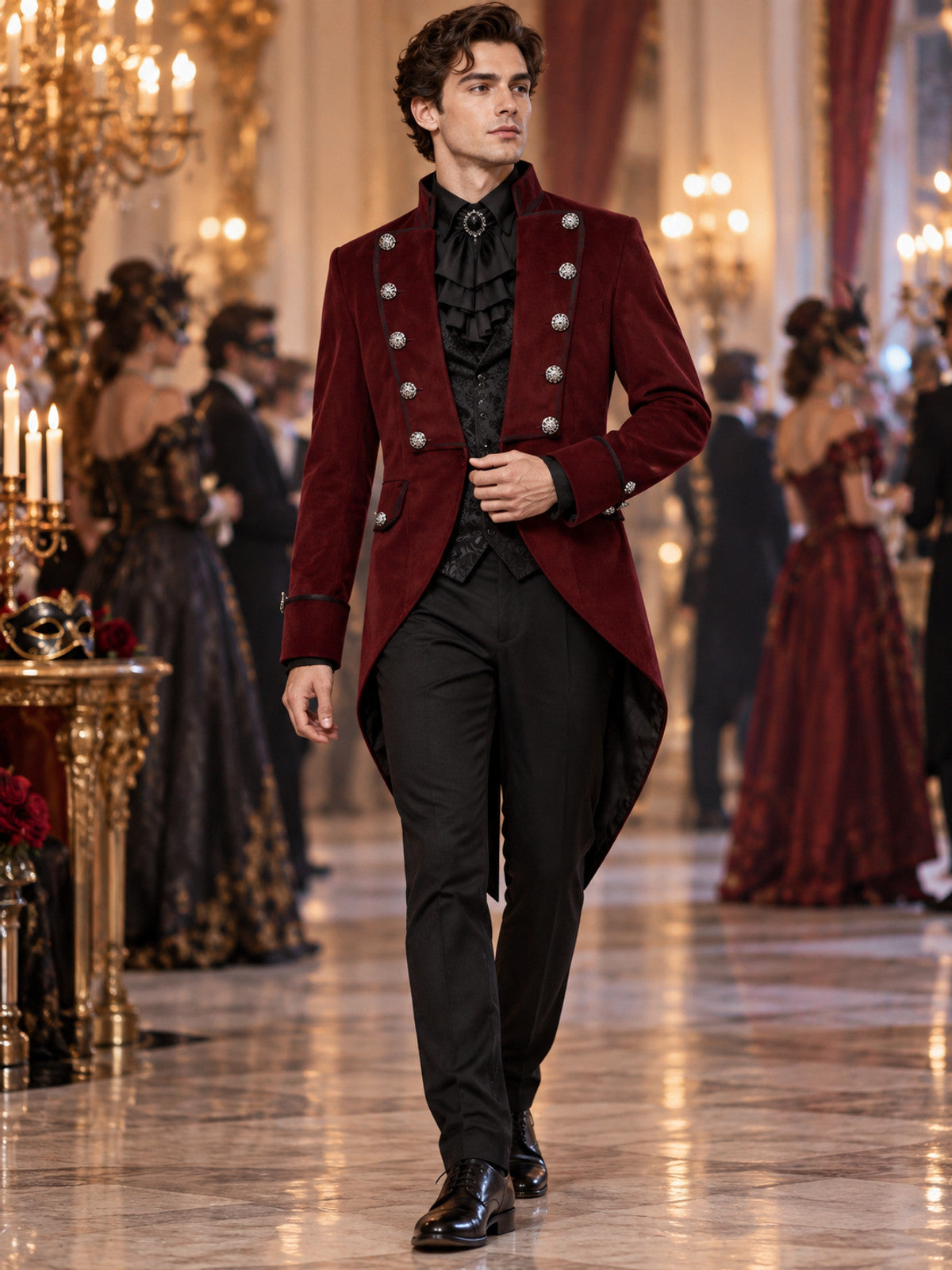 Burgundy double-breasted tailcoat with a stand collar and tails