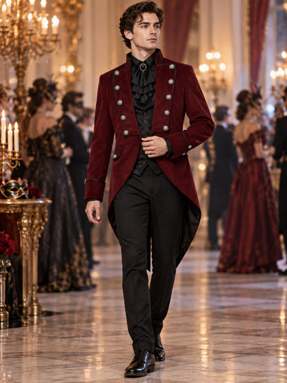Burgundy double-breasted tailcoat with a stand collar and tails
