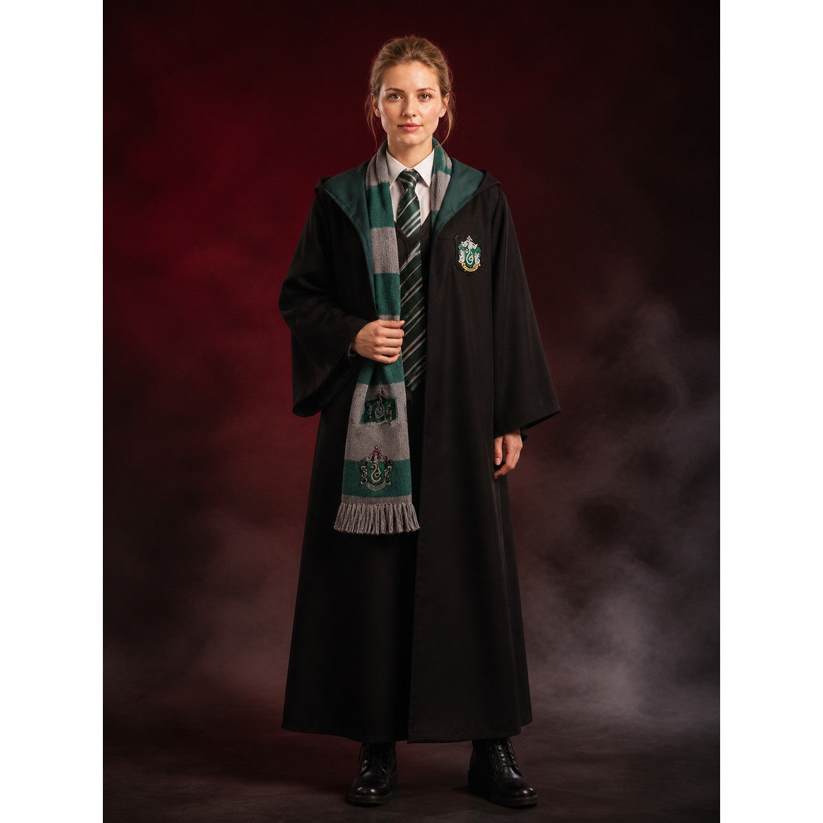 Slytherin Wizard Costume Set, Long Black Robe with Tie and Scarf, 3-Piece Outfit main product view