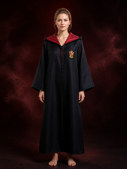 Hooded Wizard Robe Costume, Black Long Cape with Red Inner Lining and School