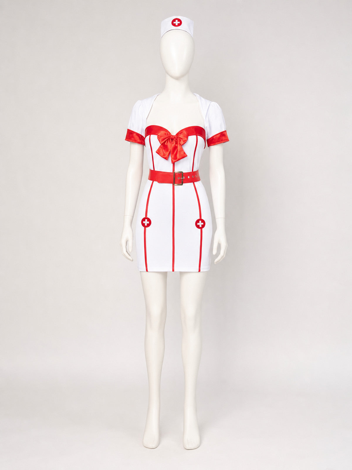 White and Red Nurse Costume with Bow and Belt Costume Accessories detail