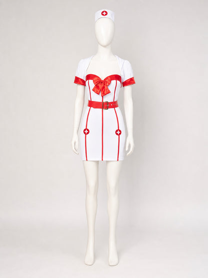 White and Red Nurse Costume with Bow and Belt Costume Accessories detail