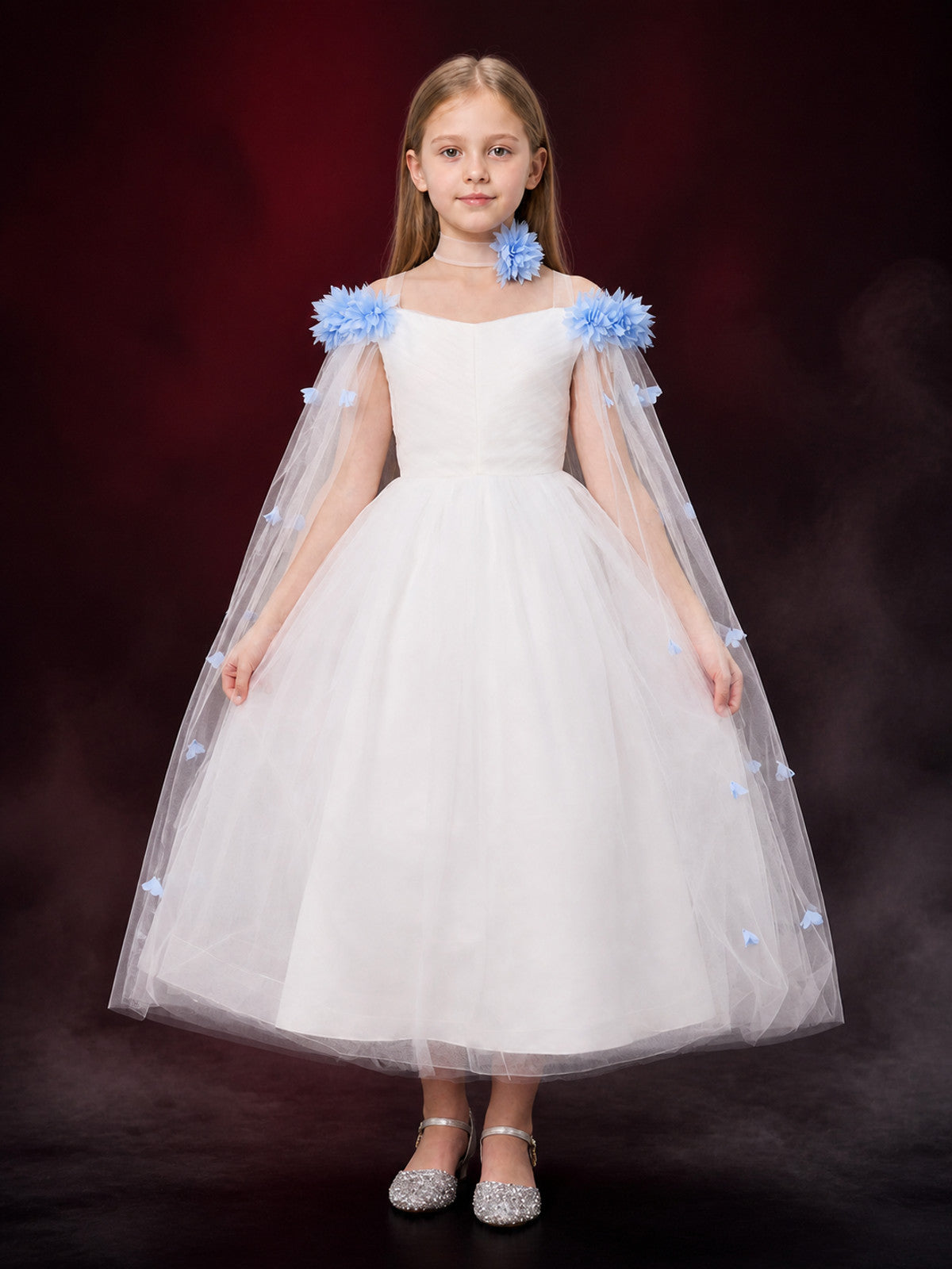 Girls' White and Light Blue Princess Dress, Long Tulle Performance Gown main product view