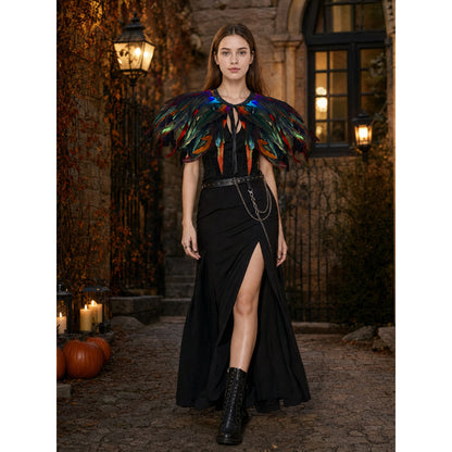Wide Rainbow Feather Cape, Halloween Costume Shoulder Wrap for Cosplay Stage Performance, Multi-Layer Feather Trim, Neck Tie, Colorful Fringe