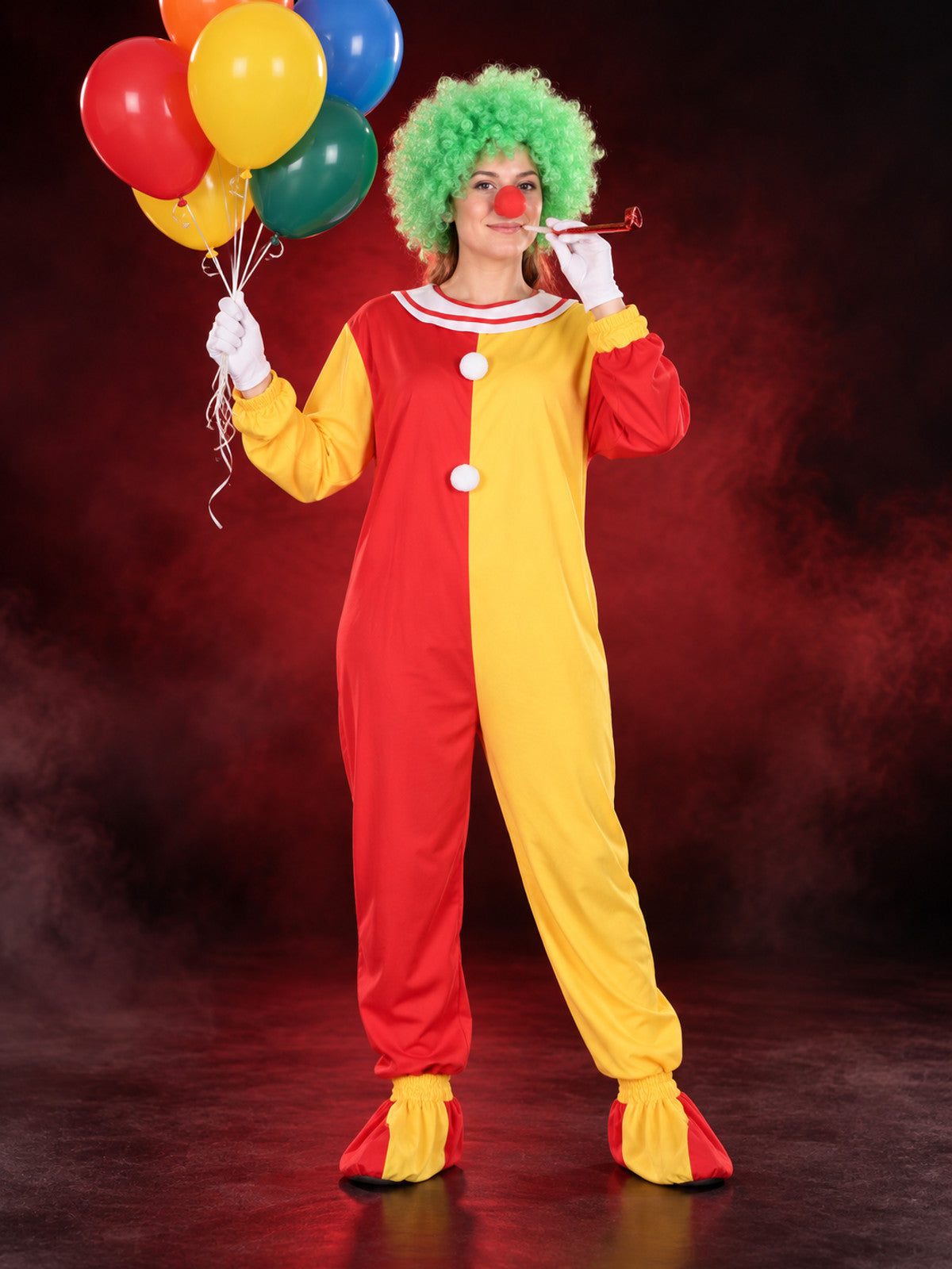 Adult Clown Costume Red and Yellow with Wig and Mask