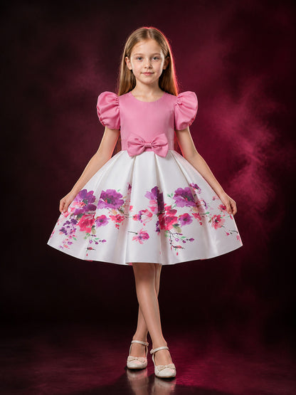 Girls' Princess Dress, Puff Sleeve Floral Print Bow Puffy Skirt Gown main product view