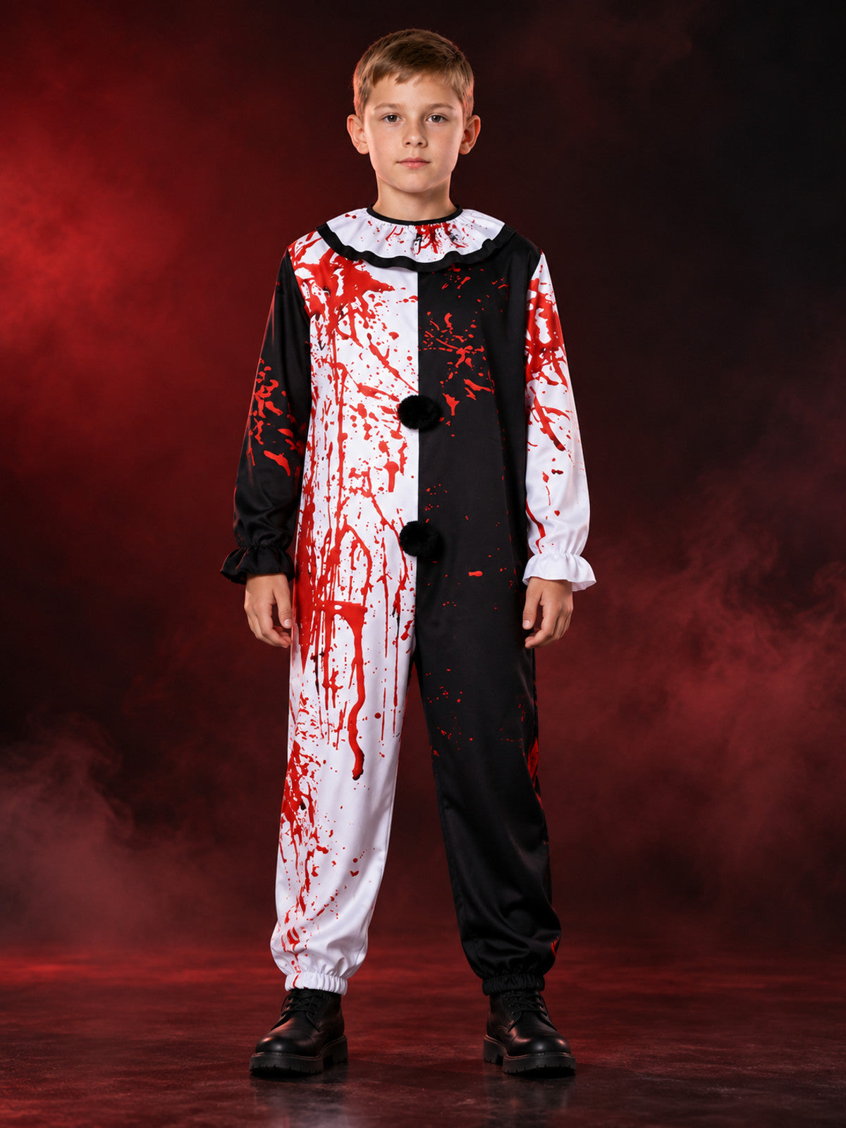 Black-and-white clown costume with red stains and pom-poms