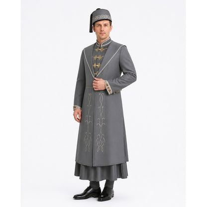 Gray wizard robe costume with stand-up collar, light trim and embroidered front panels, three-quarter view