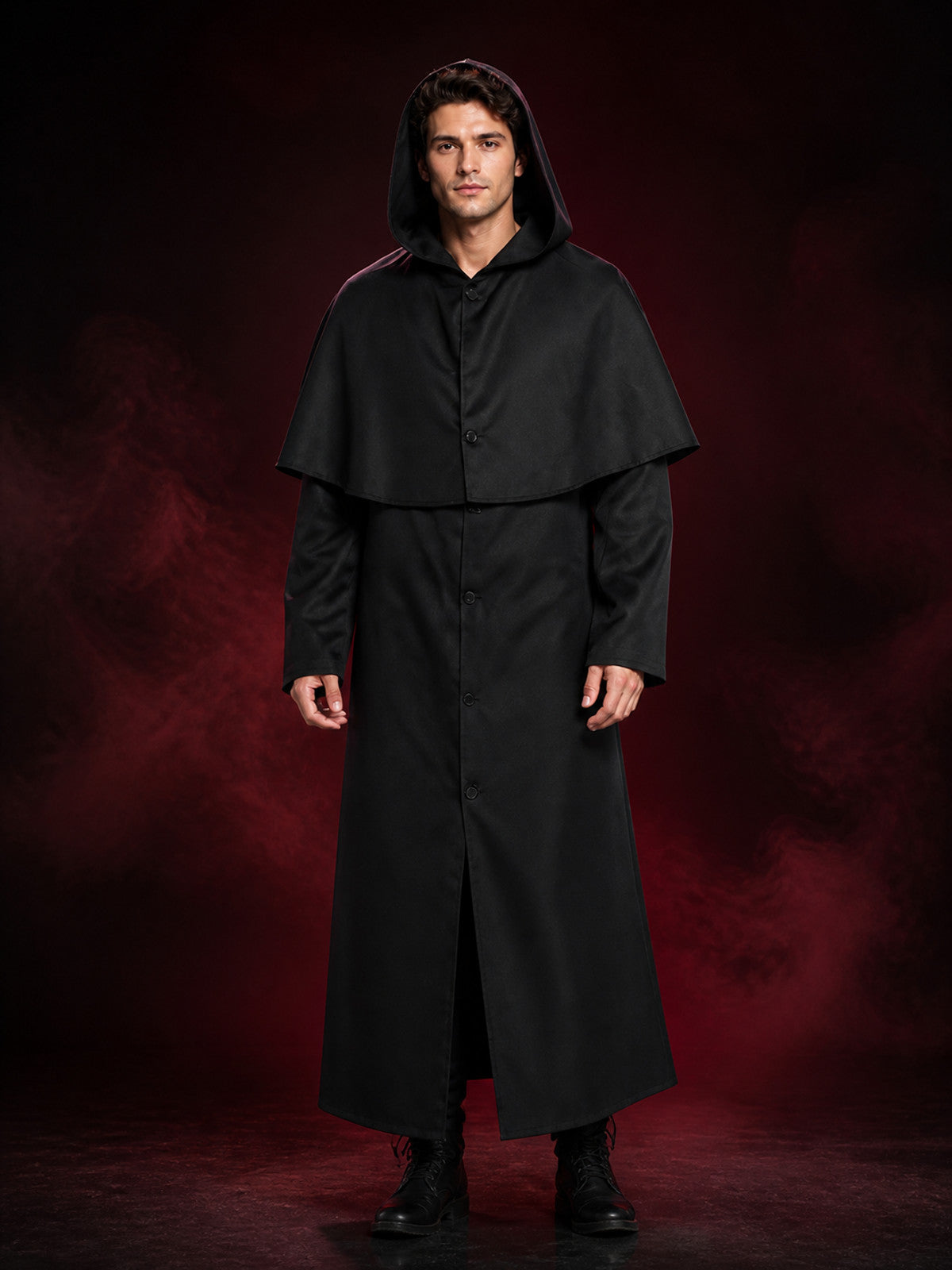 Adult Wizard Hooded Robe Costume, Black Long Cape Style Cosplay Outfit
