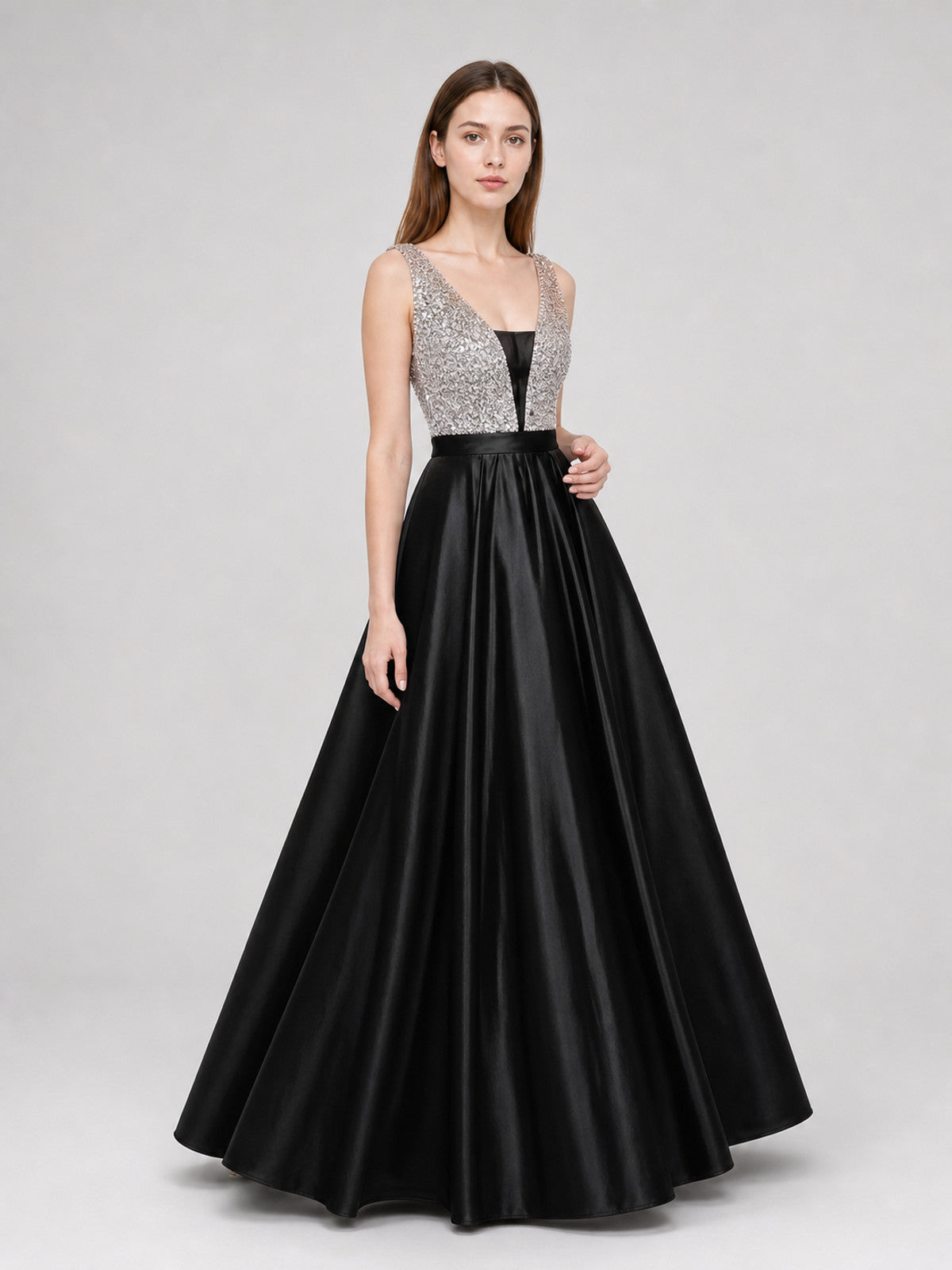Long Evening Dress with a Deep V-Neckline