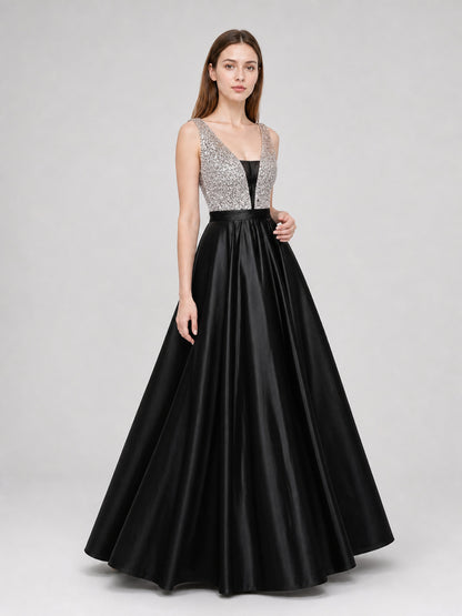 Long Evening Dress with a Deep V-Neckline