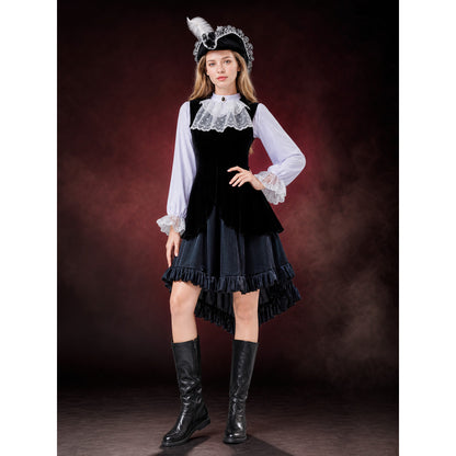 Black And White Pirate Costume Set With Lace Trim, Layered Skirt And Hat lifestyle