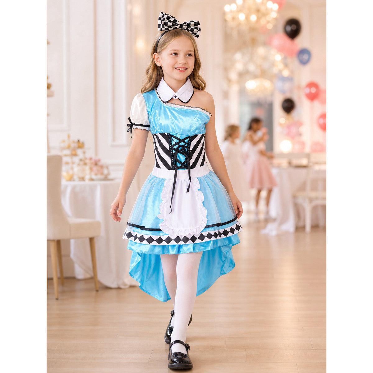 The set is designed as a cosplay dress with decorative princess-style details and includes a dress, a separate collar accessory, and a headband with a bow. The look is centered around a light blue dress with a full, layered skirt and a whit