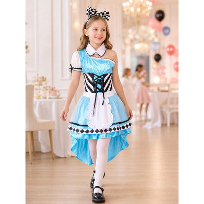 The set is designed as a cosplay dress with decorative princess-style details and includes a dress, a separate collar accessory, and a headband with a bow. The look is centered around a light blue dress with a full, layered skirt and a whit