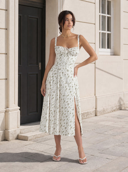 Women's midi dress with a square neckline and slit