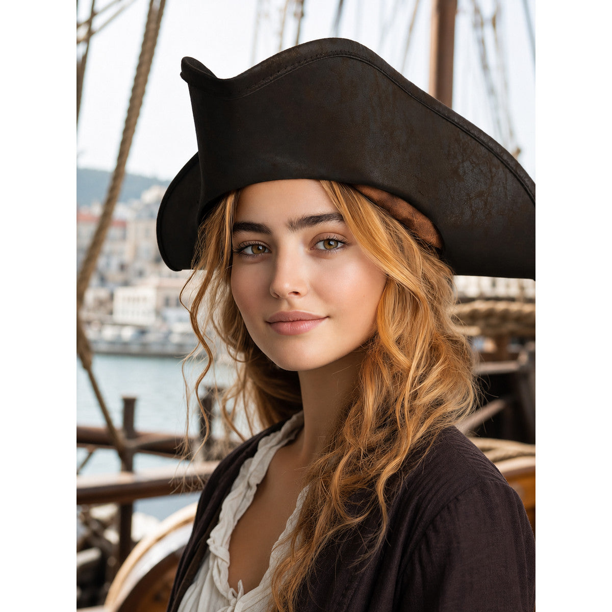 Woman wearing the dark brown pirate tricorn hat on a ship deck