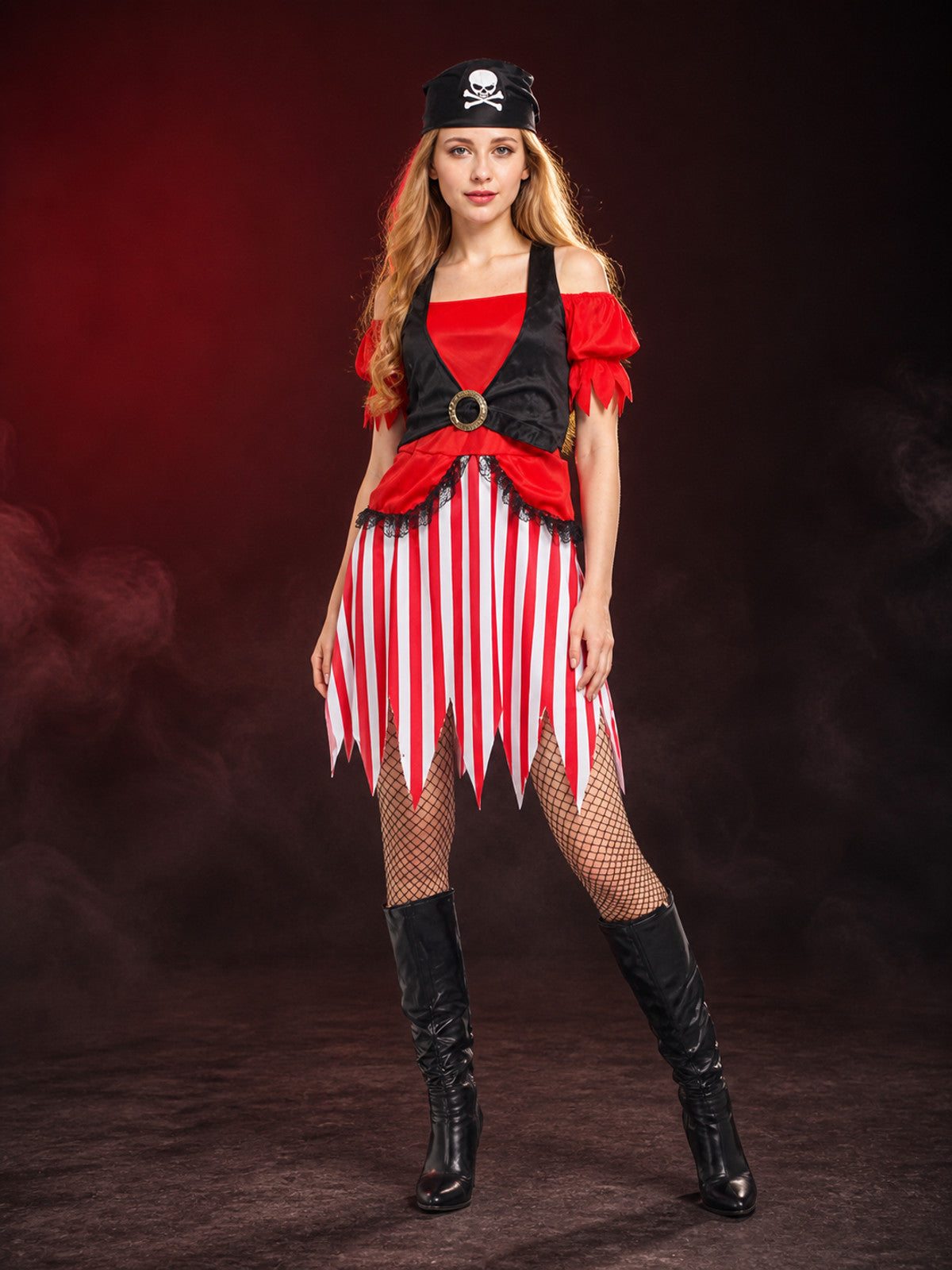 Women's Pirate Costume Set, Red and White Striped Dress with Skeleton Print