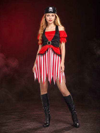 Women's Pirate Costume Set, Red and White Striped Dress with Skeleton Print