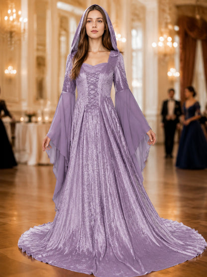 Lilac Medieval Hooded Dress with a Train lifestyle view