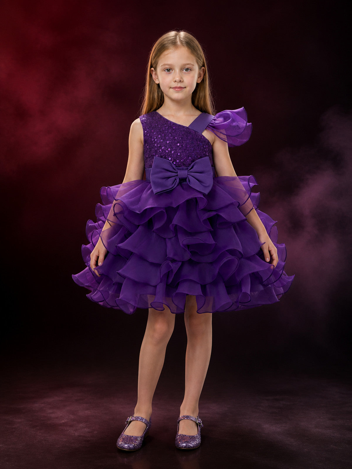 Toddler Girls' Purple Princess Dress, Sequined Layered Ruffle Bow Gown main product view