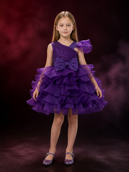 Toddler Girls' Purple Princess Dress, Sequined Layered Ruffle Bow Gown main product view