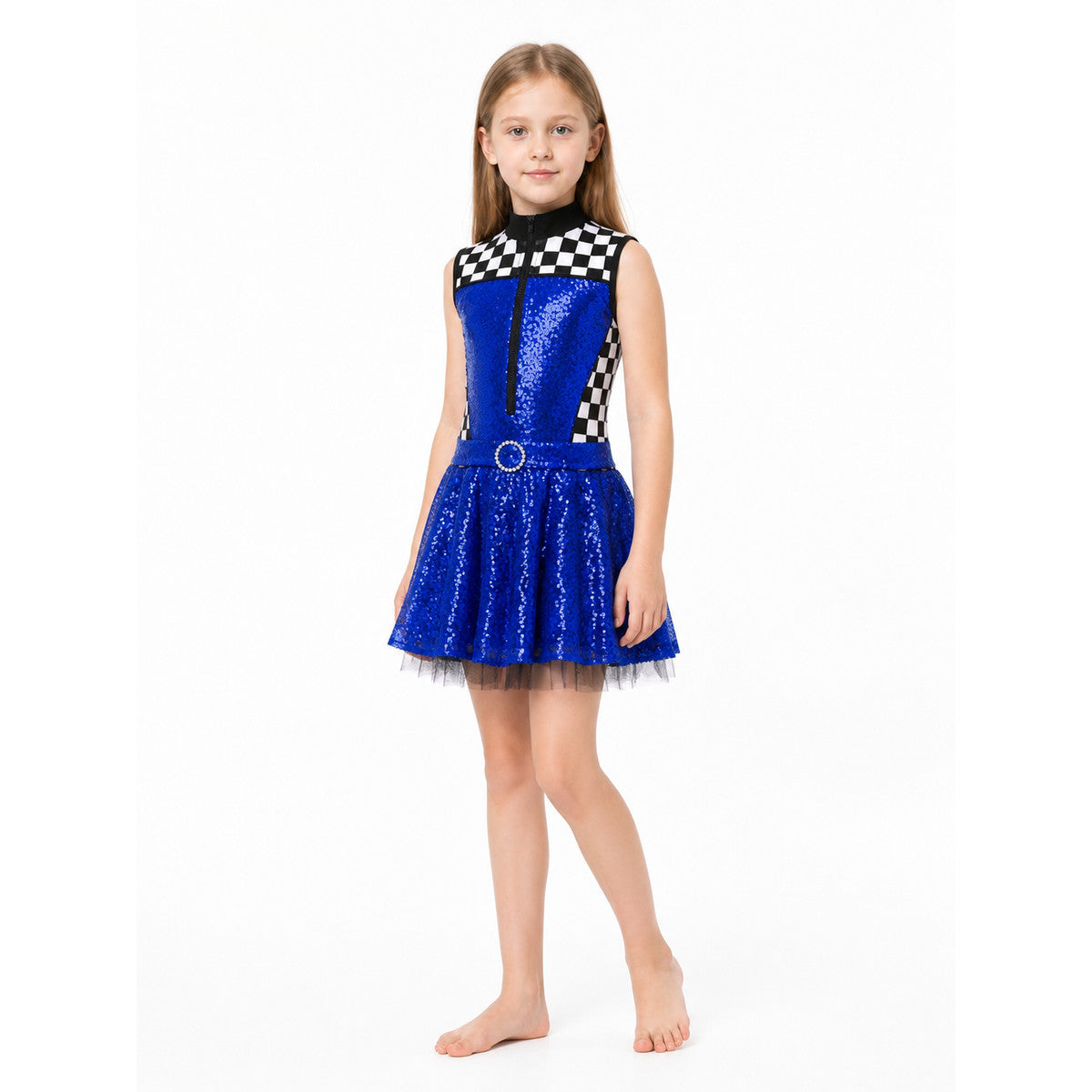 Sleeveless Dress with Checkerboard Pattern and Sequins Costume Dresses detail