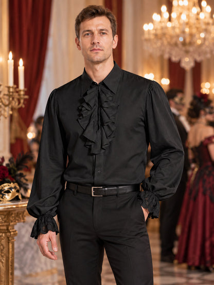 Black shirt with collar, jabot, and ruffled cuffs