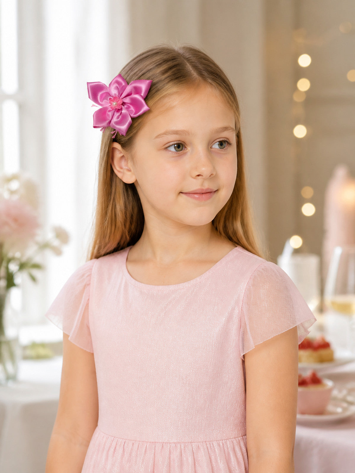 Pink carnival headband with a bow and flower for Halloween lifestyle view