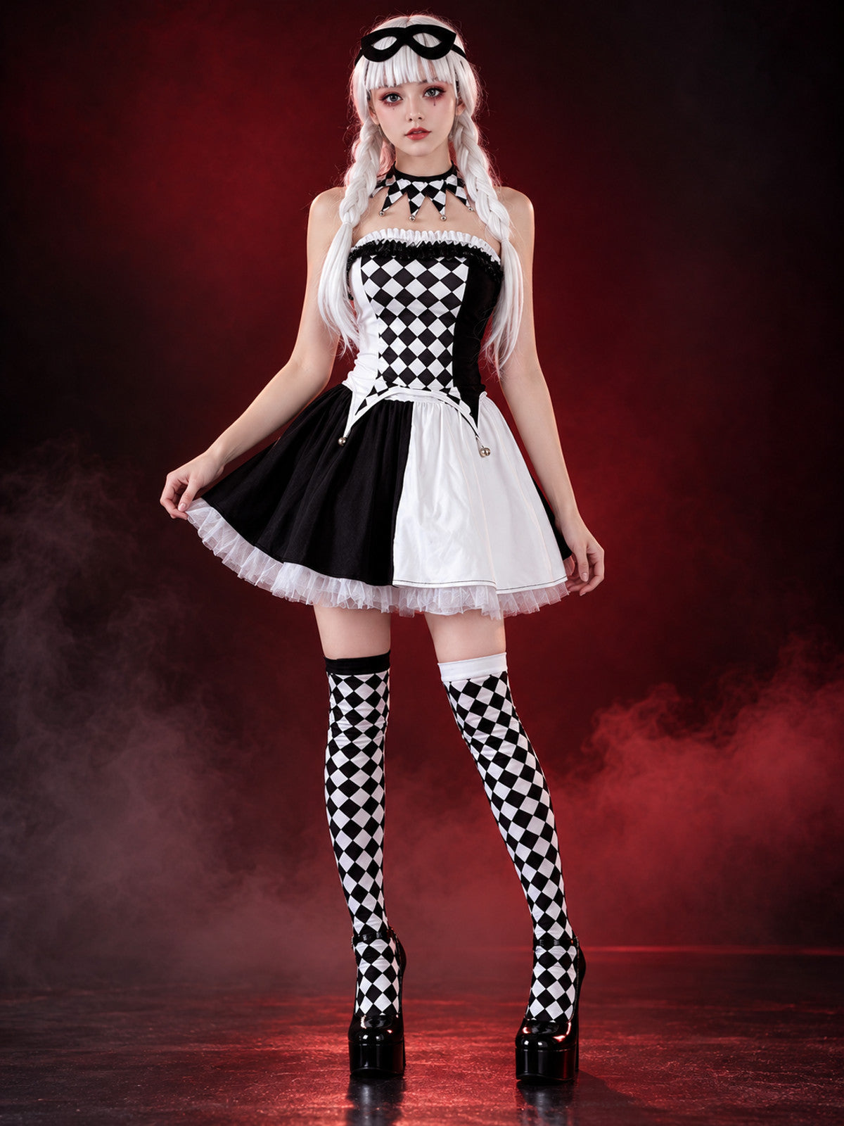Black and White Checkered Clown Cosplay Carnival Costume