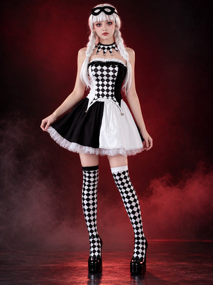 Black and White Checkered Clown Cosplay Carnival Costume