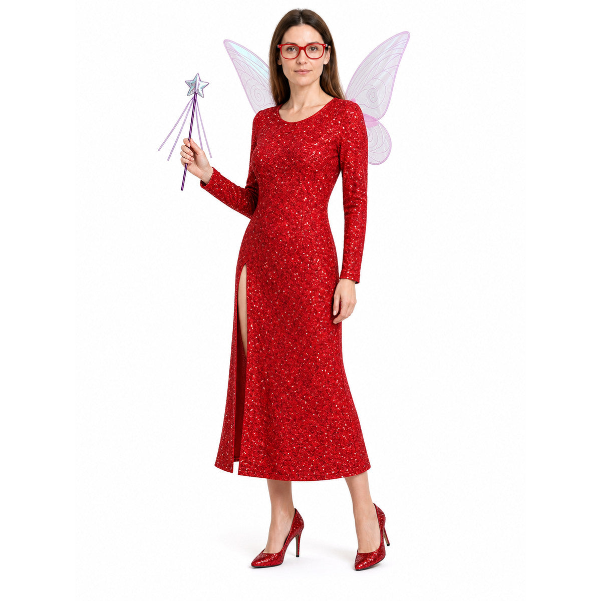 Red Long Cosplay Dress with High Slit Costume Dresses detail
