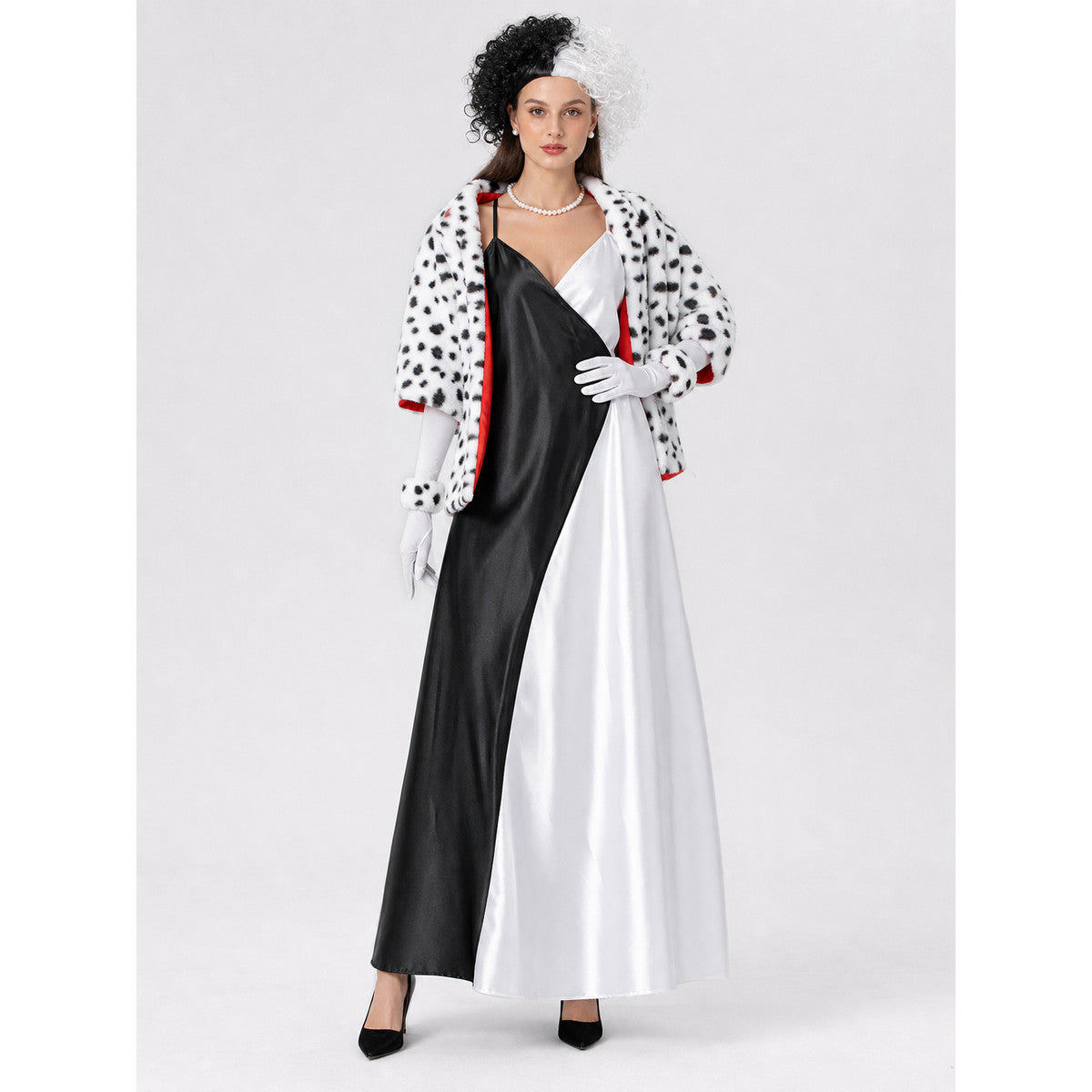 Women's Cruella cosplay costume with cape and gloves lifestyle view