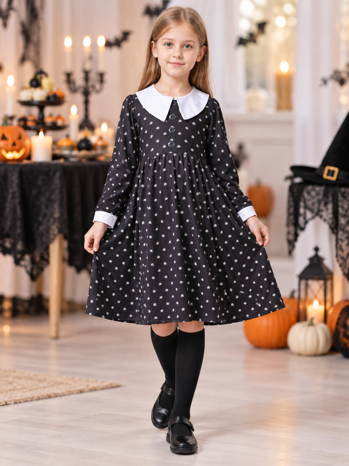 Black Carnival Dress with White Polka Dots and Collar