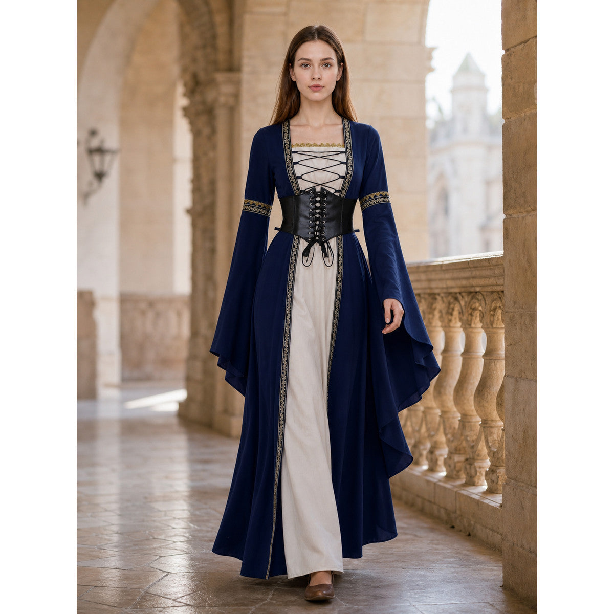 Long Renaissance-Style Dress with Long Sleeves