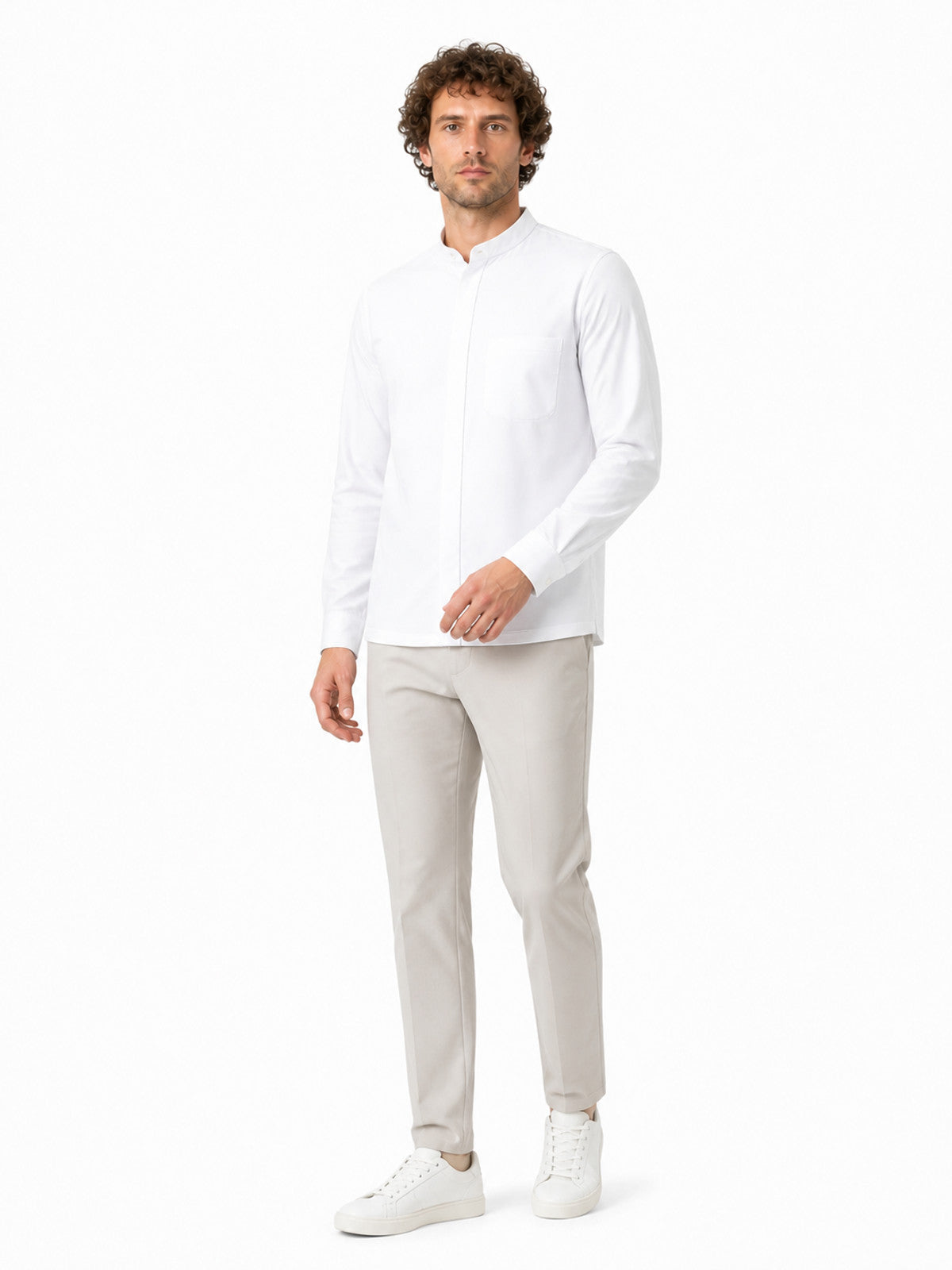 White Shirt with Stand Collar and Long Sleeves product detail