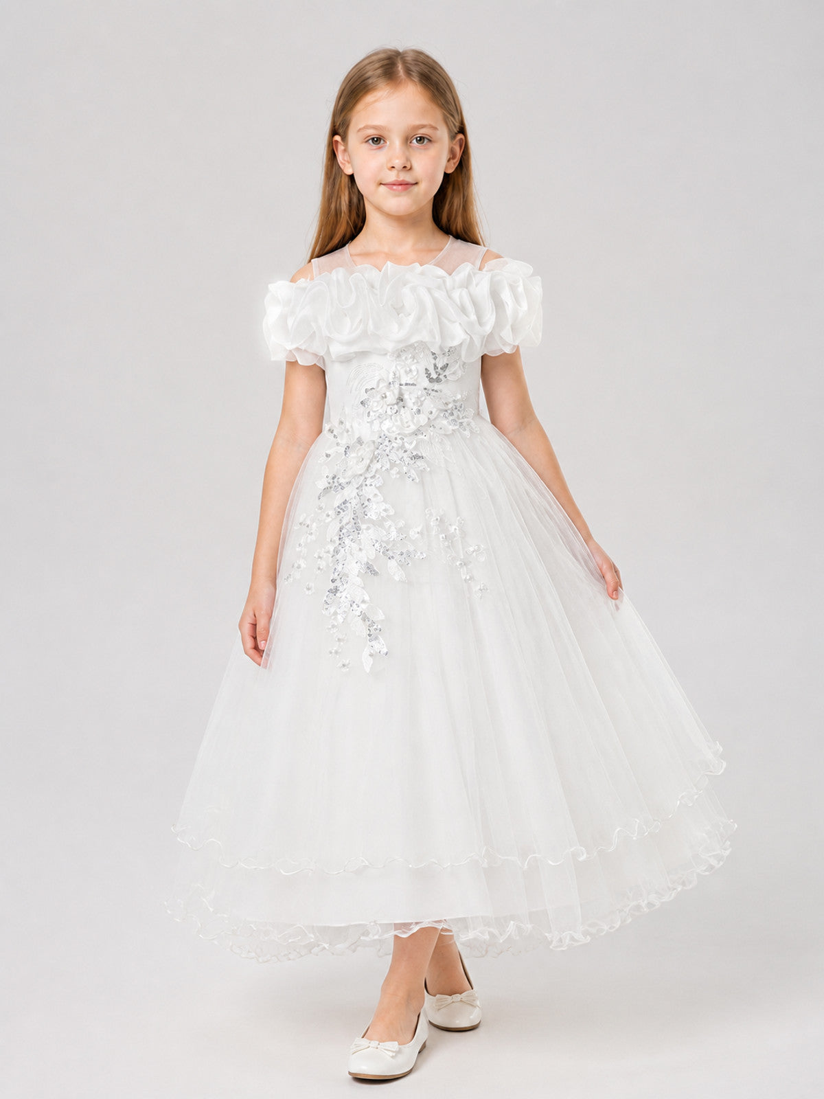 White Princess Dress, Full One-Shoulder Style with Ruffles Costume Dresses detail