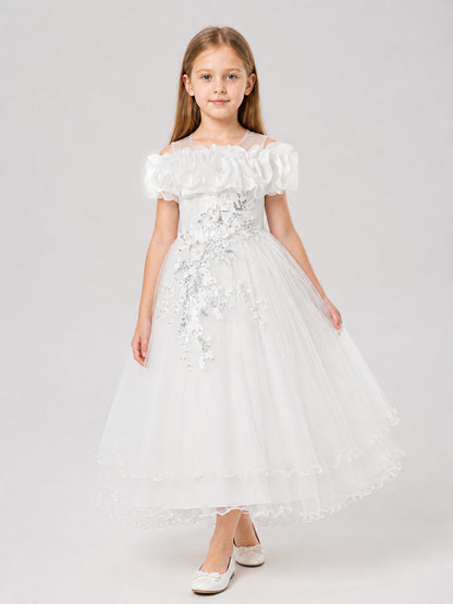 White Princess Dress, Full One-Shoulder Style with Ruffles Costume Dresses detail
